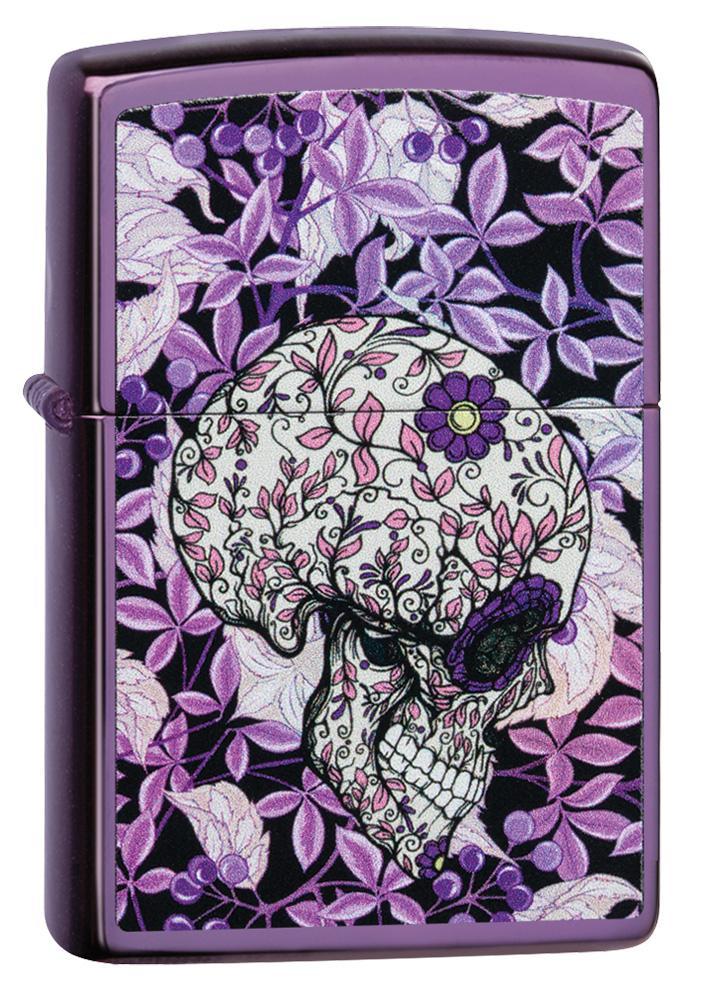 Hidden Skull High Polish Purple windproof lighter facing forward at a 3/4 angle