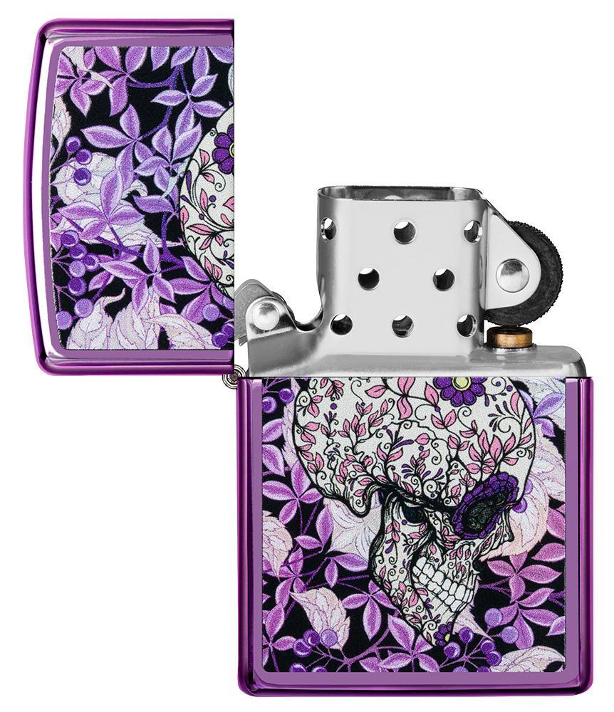 Hidden Skull High Polish Purple windproof lighter with its lid open and not lit