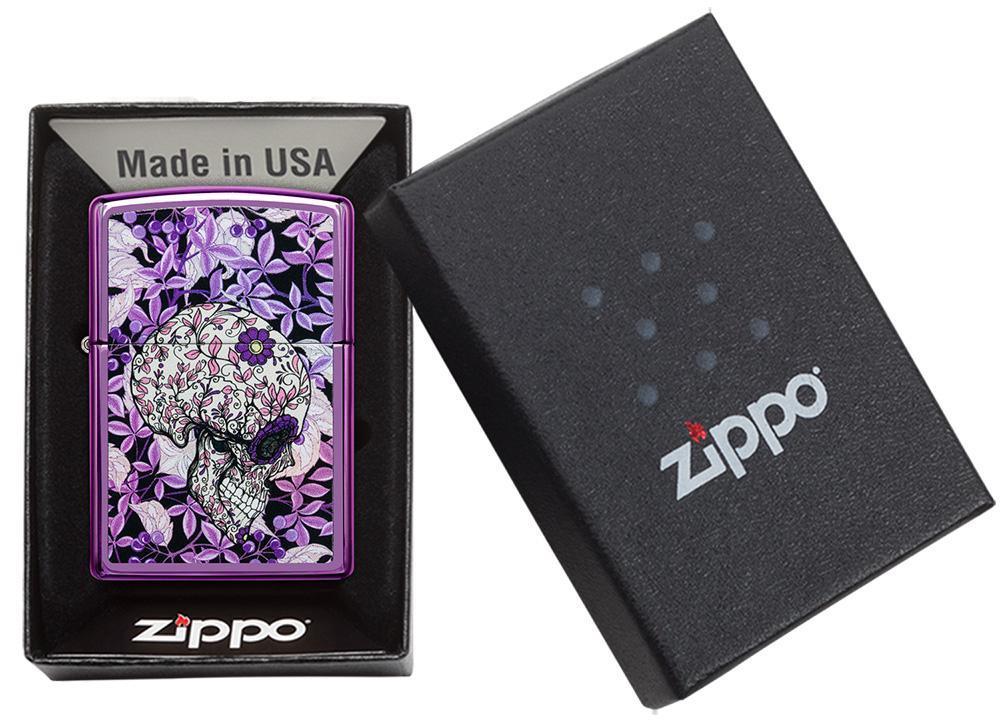 Hidden Skull High Polish Purple windproof lighter in packaging