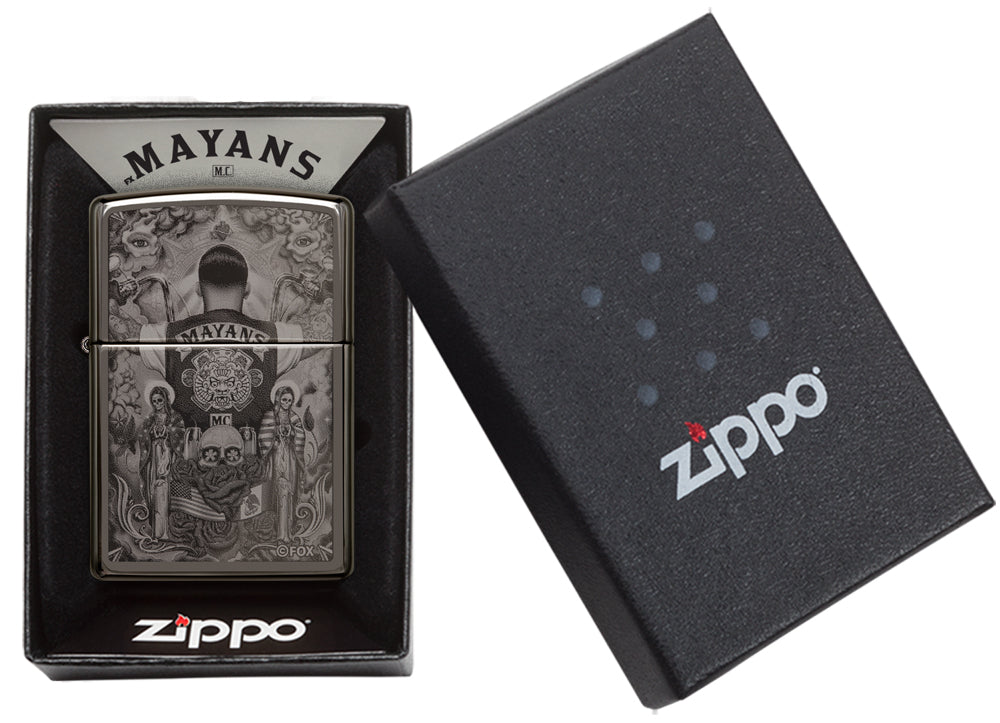 Zippo Feuerzeug grau glänzend mit Biker von den Mayas M.C. in offener Box