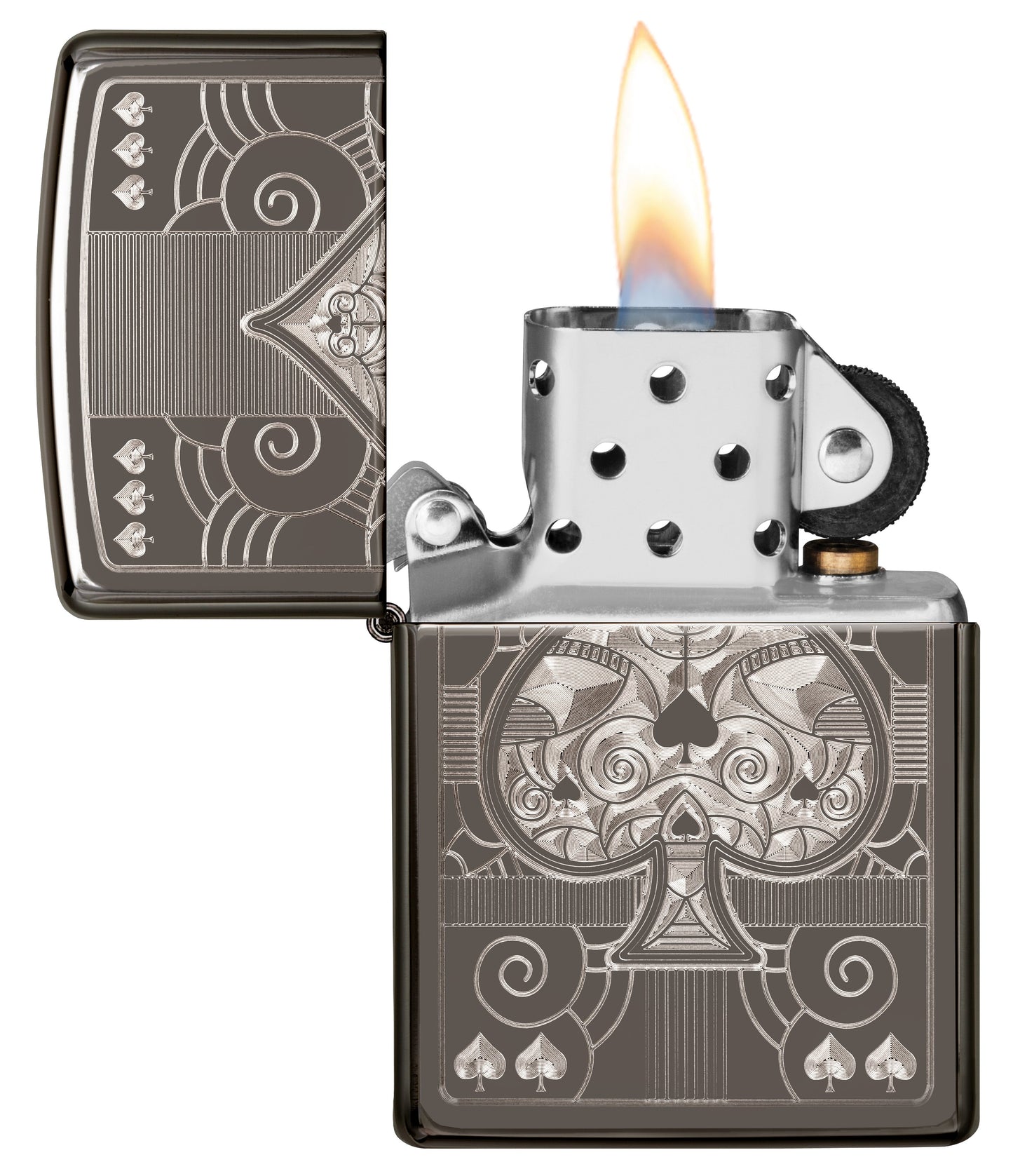 Front view of Zippo Fancy ACE open windproof lighter, with flame