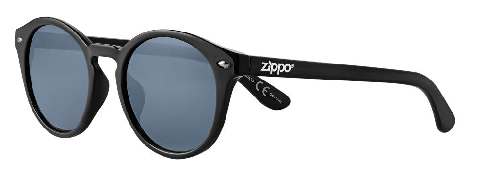 Zippo sunglasses front view ¾ angle with round lenses and wide temples in black with white Zippo logo