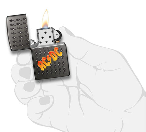 AC/DC® logo Grey Windproof Lighter lit in hand