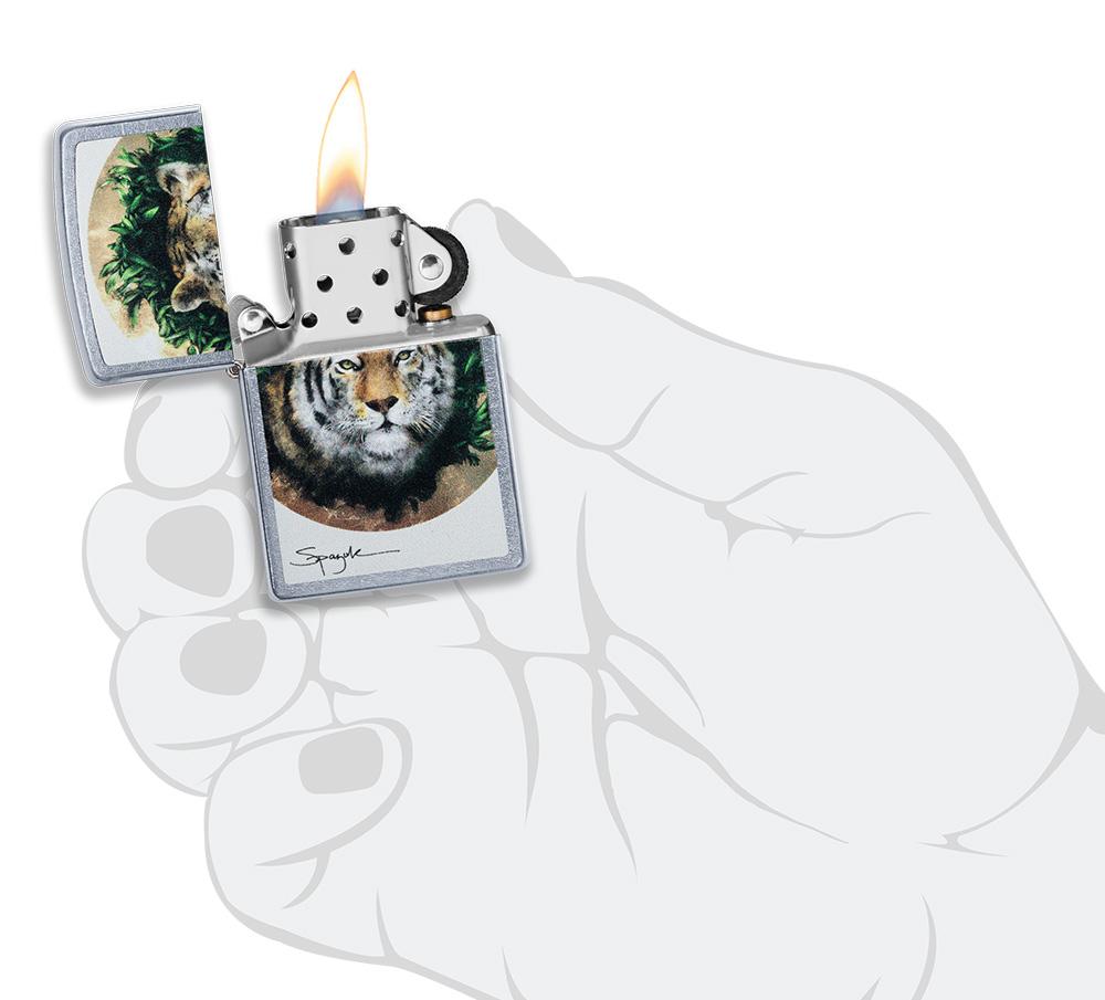 Spazuk Tiger design windproof lighter lit in hand