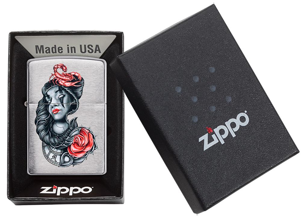 stylised Tattoo Design Brushed Chrome Windproof Lighter in packaging