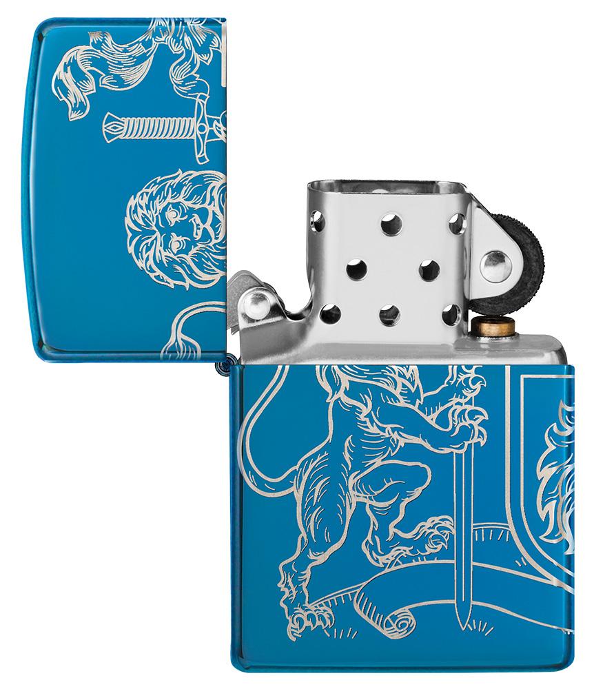Medieval Coat of Arms 360° Design High Polish Blue Windproof Lighter with its lid open and not lit