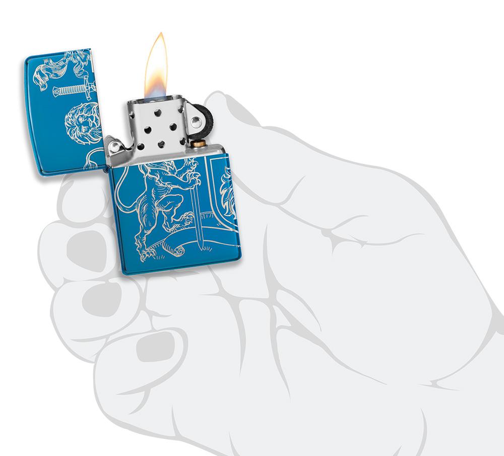 Medieval Coat of Arms 360° Design High Polish Blue Windproof Lighter lit in hand