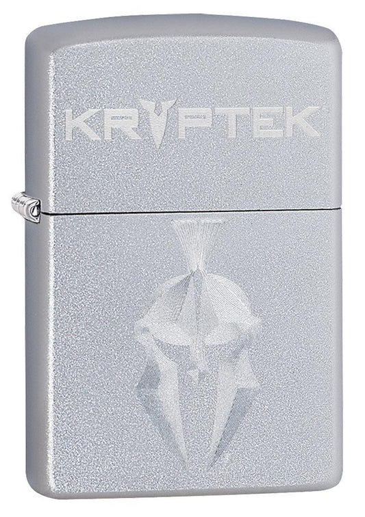 Kryptek Satin Chrome windproof lighter facing forward at a 3/4 angle