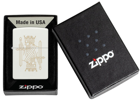 Zippo lighter matt white with double-sided laser engraving of a king with crown as well as sword in open gift box