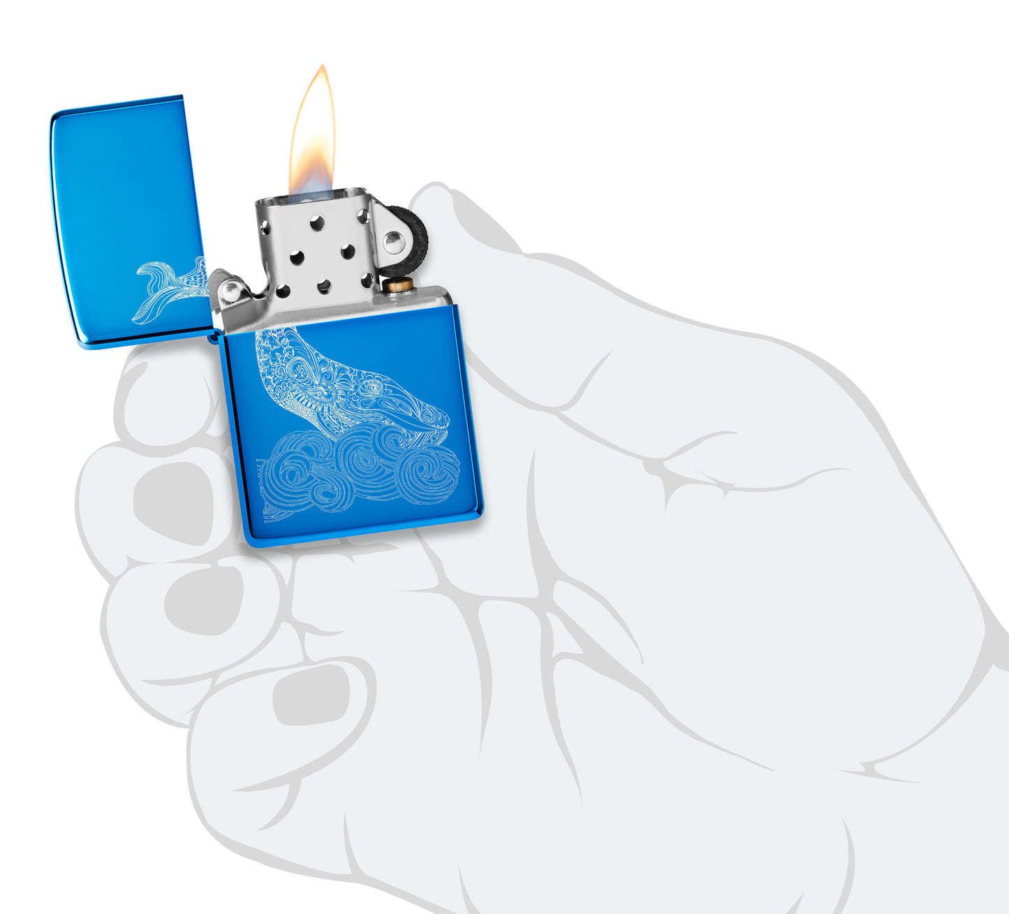 Zippo lighter front view opened and lit Whale Design shiny light blue with an engraved whale with round waves in stylised hand