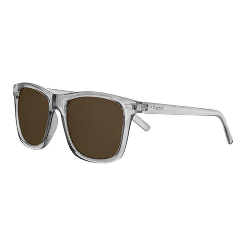 Side view of the Sixty-three Sunglasses transparent frame and brown lenses