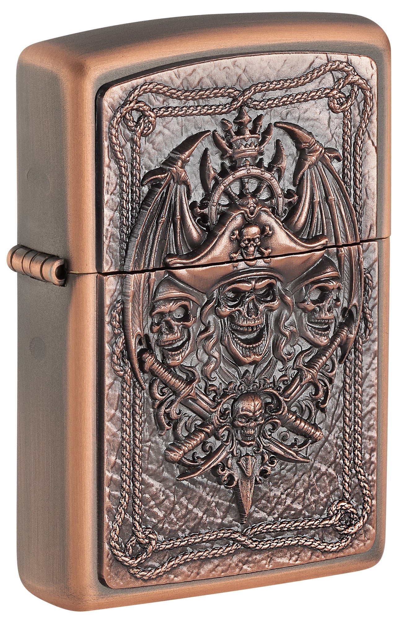 Bronze-colored Zippo lighter with intricate designs of Pirate skulls and crossed swords P1