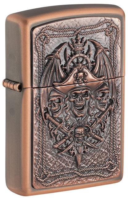 Bronze-colored Zippo lighter with intricate designs of Pirate skulls and crossed swords P1