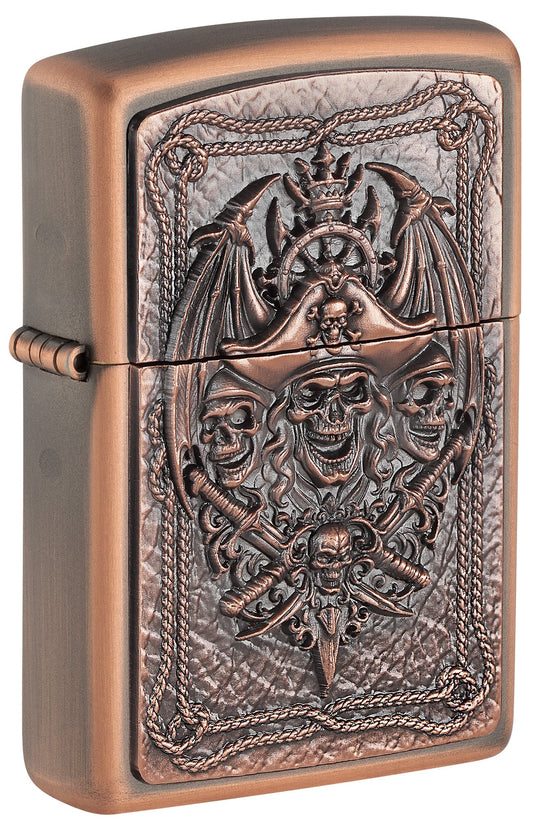 Bronze-colored Zippo lighter with intricate designs of Pirate skulls and crossed swords P1