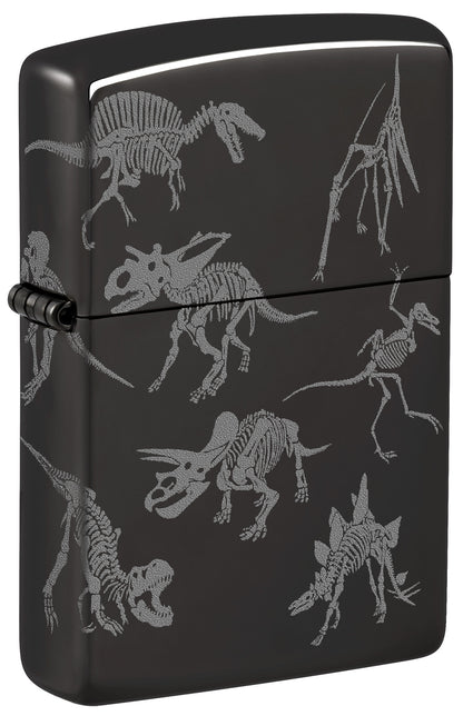 Black Zippo lighter with white dinosaur skeletons P1