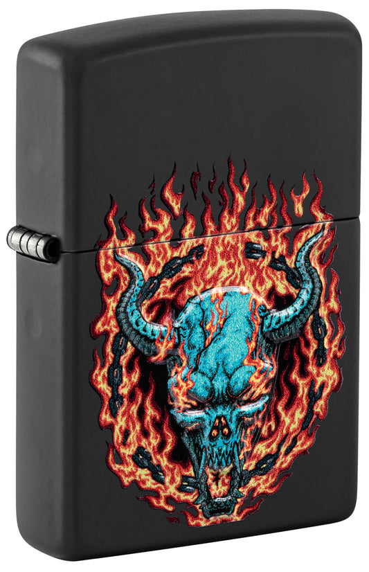 Black Zippo lighter with a skull and flames design P1