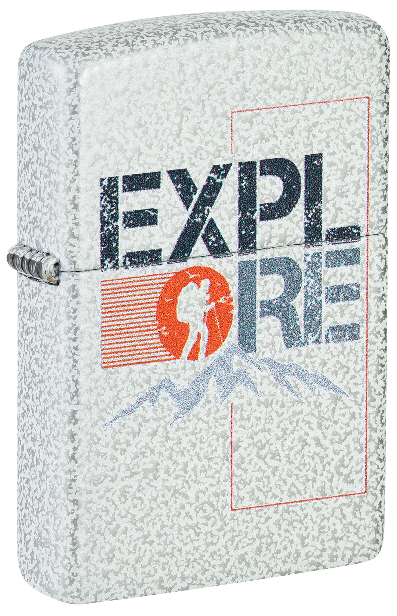 Zippo lighter with 'EXPLORE' text and mountain graphic on textured surface P1