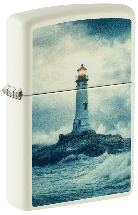Zippo lighters with a lighthouse design on a stormy sea P1