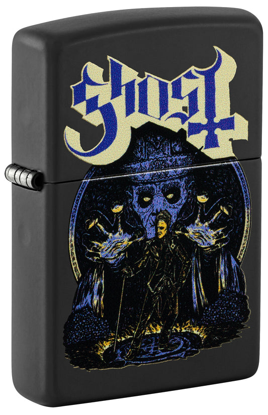 Black Zippo lighter with 'Ghost' band logo and skull design P1