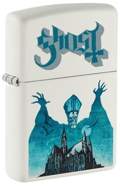 Zippo lighter with 'Ghost' band design featuring a cathedral and hands in the air. P1