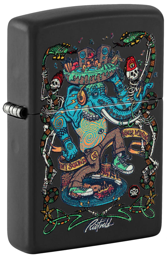 Black Zippo lighter with colorful elephant and skeletons design P1