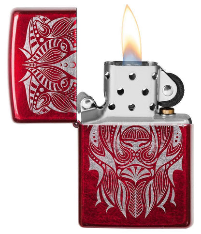 Lion Tattoo Design Candy Apple Red Windproof Lighter with its lid open and lit