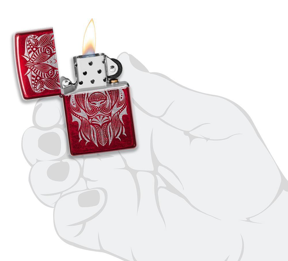 Lion Tattoo Design Candy Apple Red Windproof Lighter lit in hand