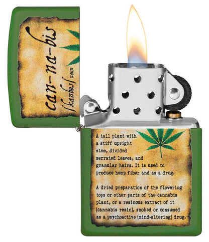 Cannabis Design Moss Green Matte lighter with its lid open and lit