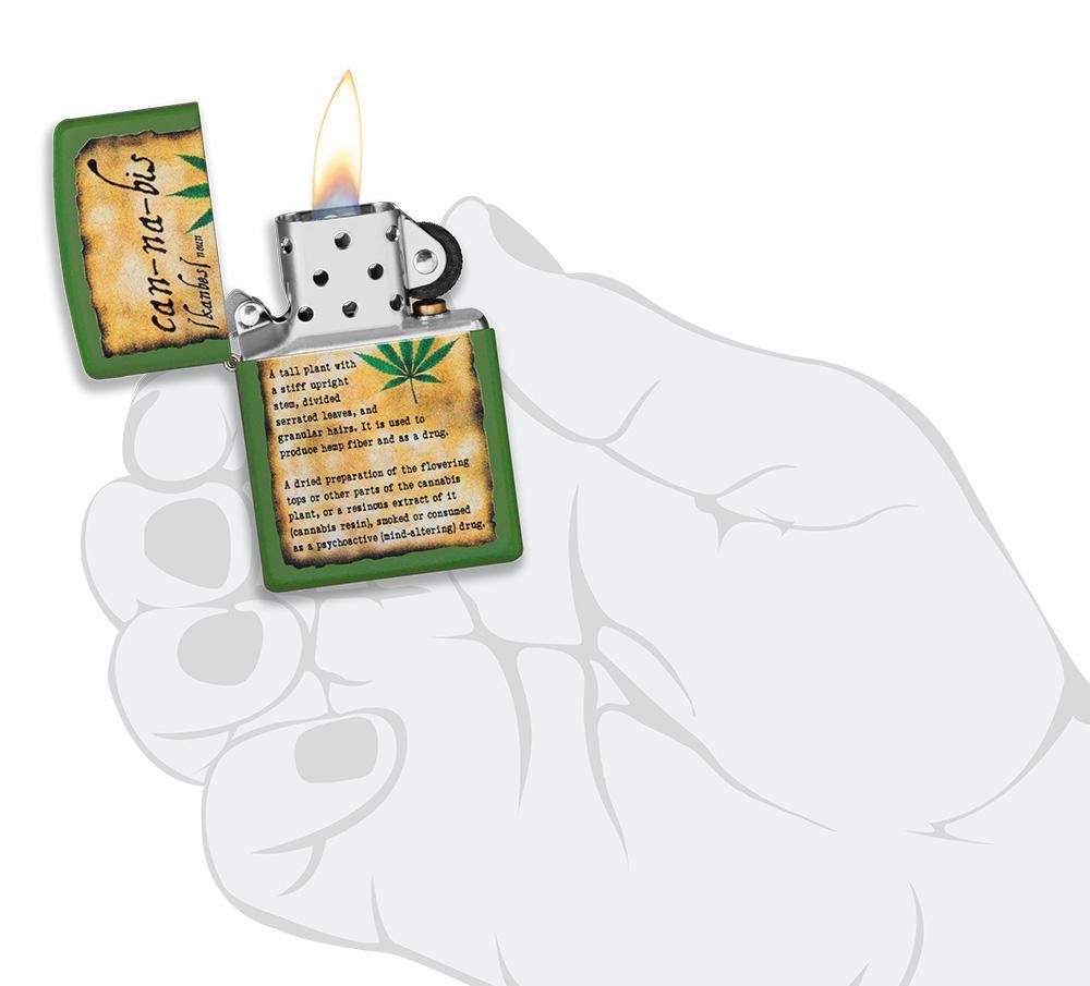 Cannabis Design Moss Green Matte lighter lit in hand
