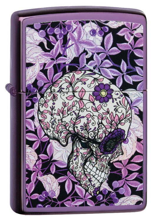 Hidden Skull High Polish Purple windproof lighter facing forward at a 3/4 angle