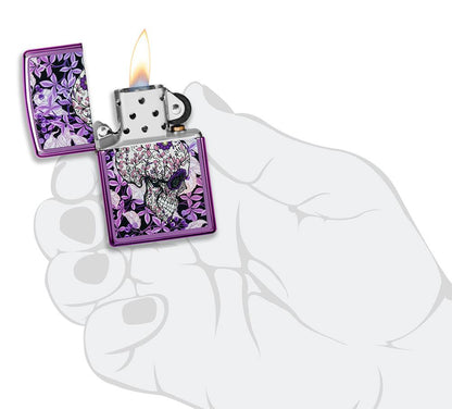 Hidden Skull High Polish Purple windproof lighter lit in hand