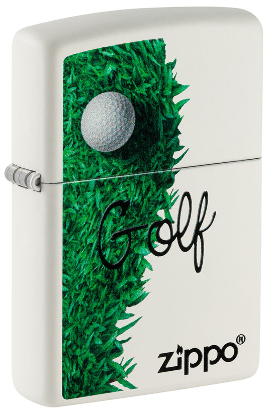 Zippo lighter with golf ball and grass design on a white background P1