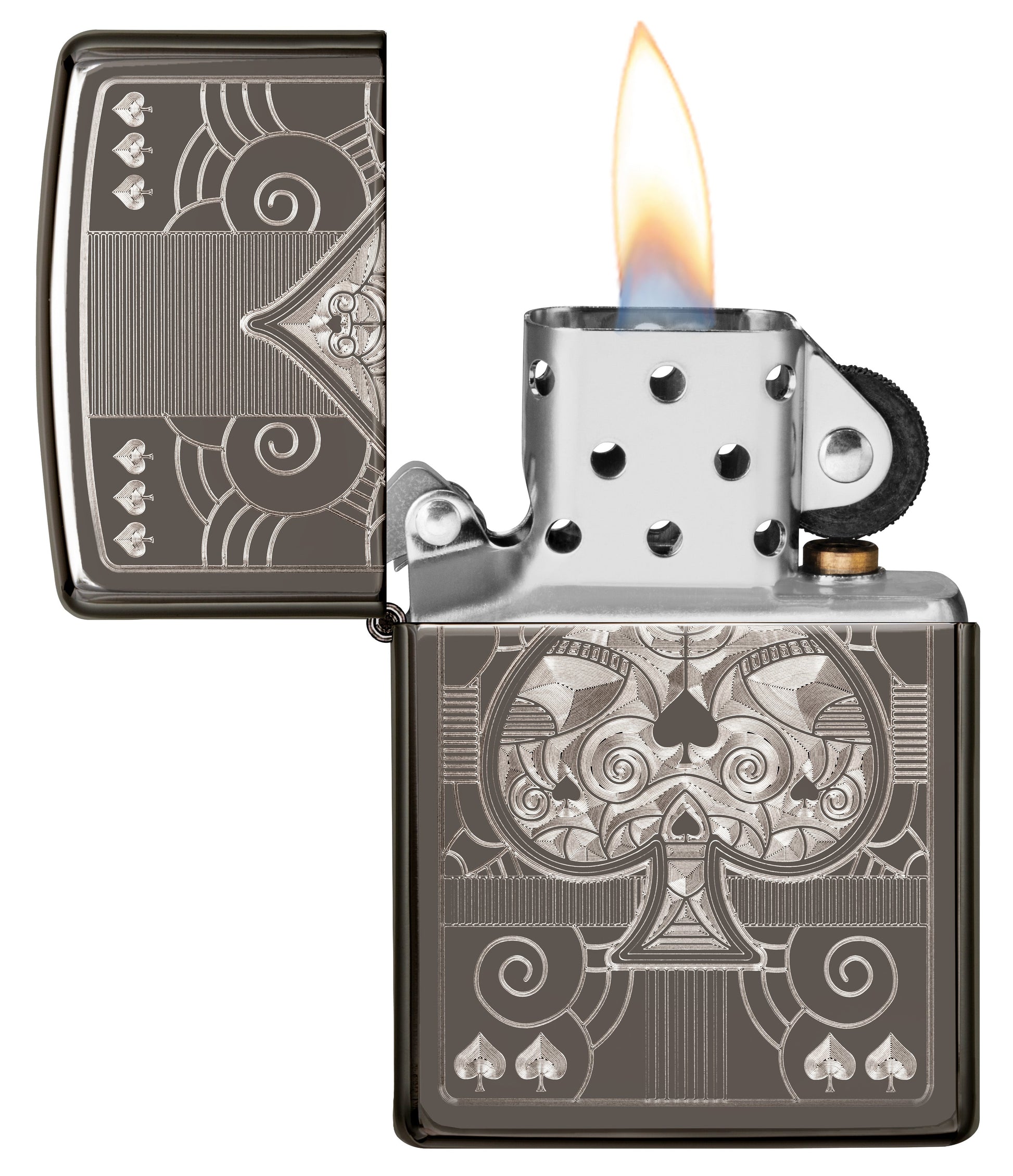 Front view of Zippo Fancy ACE open windproof lighter, with flame