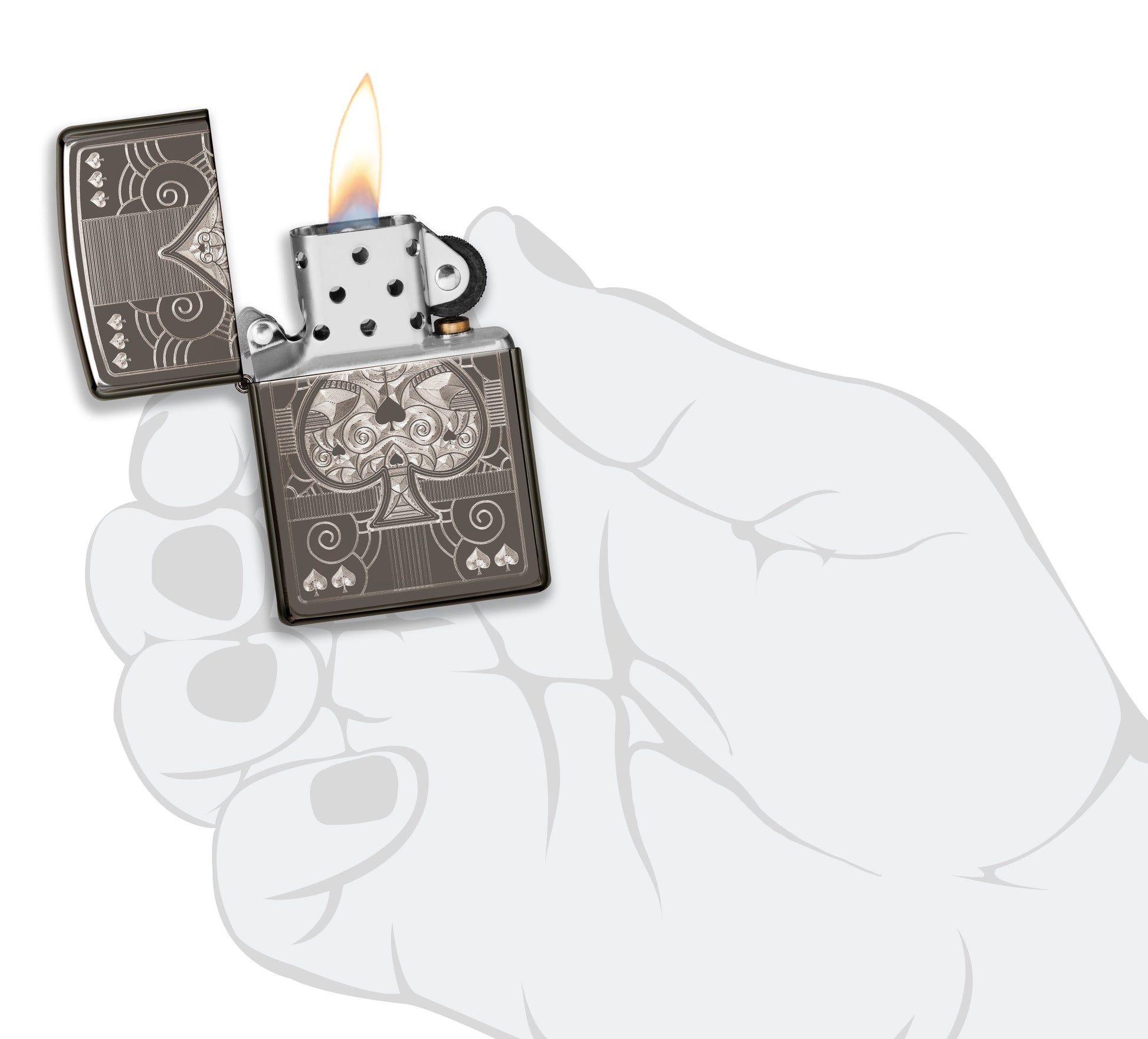 Zippo Fancy ACE windproof lighter in one hand to represent the size of the lighter