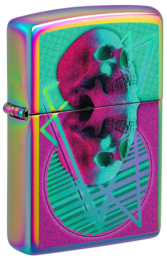 Colorful Zippo lighter with a skull design on a reflective surface P1