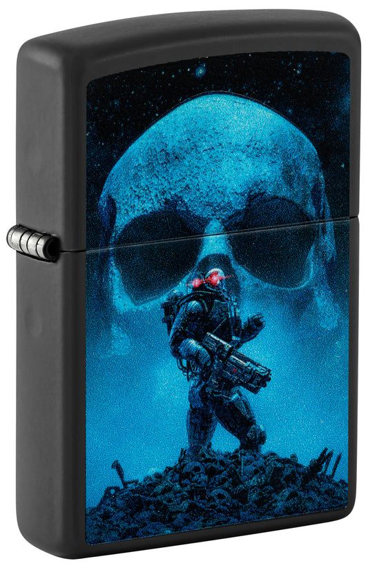 Black Zippo lighter with a blue skull and soldier design P1