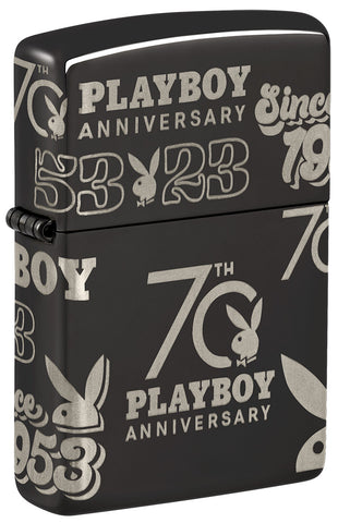 ¾ view of the windproof lighter Playboy 70th Anniversary Design showing the date of the anniversary 53 and 23 with the logo of the brand