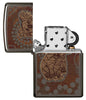 Zippo lighter front view Black Ice® open with coloured illustration of a koala in the style of Aboriginal art.