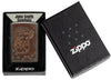 Zippo lighter front view Black Ice® with coloured illustration of a koala in the style of Aboriginal art in open John Smith Gumbula box.