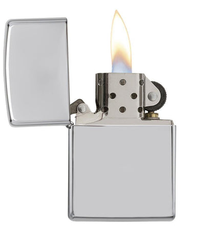 Armor® High Polish Chrome Windproof Lighter with its lid open and lit