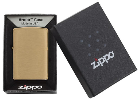 Armor® Brushed Brass Windproof Lighter in its packaging