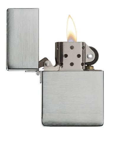 Zippo Lighter 1935 Replica front view opened and lit in brushed chrome look