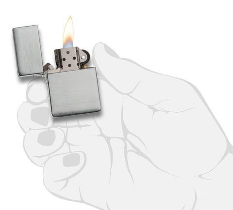 Zippo Lighter 1935 Replica front view opened and lighted in brushed chrome look in stylized hand