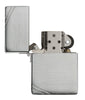 Zippo Lighter 1935 Replica front view open in brushed chrome look with engraved slashes on opposite corners.