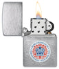 Front view of the open Zippo King Charles Coronation storm lighter, with flame