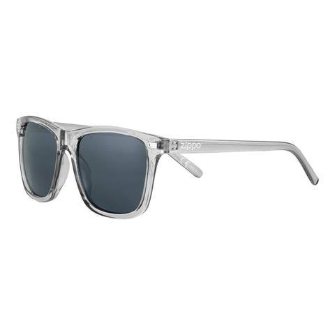 Side view of the Sixty-three Sunglasses transparent frame and dark grey lenses