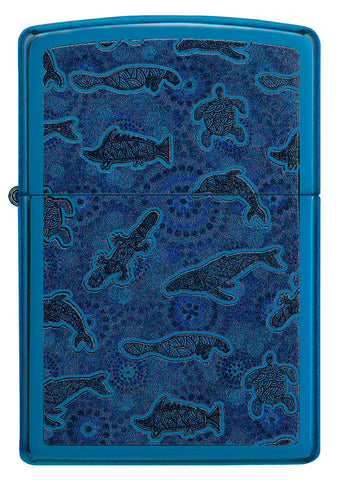 Zippo lighter front view in high gloss blue with illustration of sea creatures in the style of aboriginal art