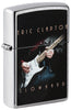 Zippo lighter front view ¾ angle chrome plated with coloured image of Eric Clapton playing guitar