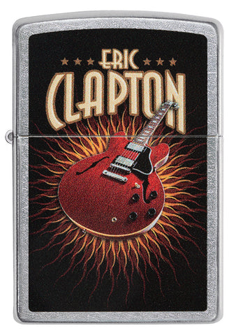 Zippo lighter front view chrome with coloured image of a red guitar of Eric Clapton