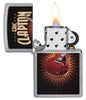 Zippo lighter front view chrome open and lit with coloured image of a red guitar by Eric Clapton